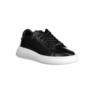Calvin Klein black leather women's sneaker with lace-up front, metallic branding, and a thick white platform sole.