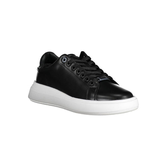 Calvin Klein black leather women's sneaker with lace-up front, metallic branding, and a thick white platform sole.