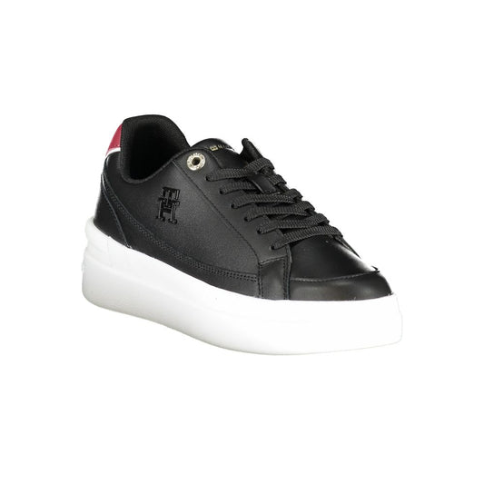 Tommy Hilfiger black leather women's sneaker with lace-up front, small side logo, and a chunky white platform sole.