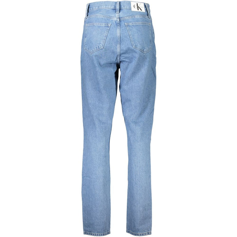 Light blue Calvin Klein cotton women jeans, back view showing back pockets and waistband logo patch