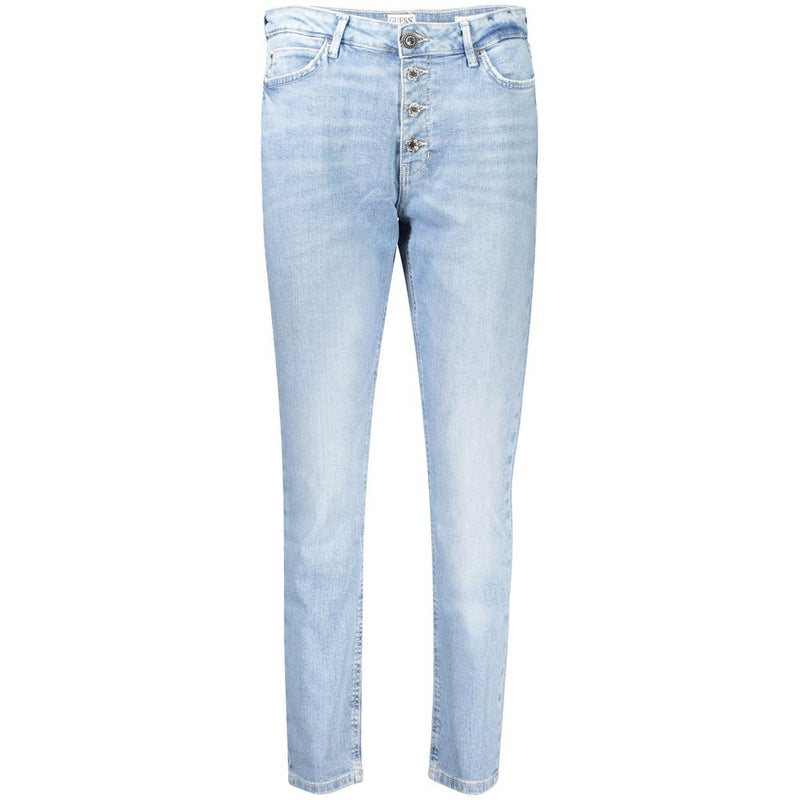 Light blue cotton denim women's skinny jeans with a high-rise button-fly closure