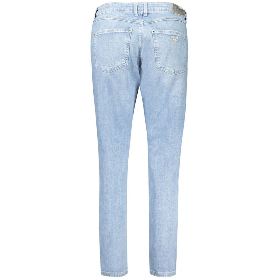 Light blue cotton denim women's skinny jeans with a high-rise button-fly closure