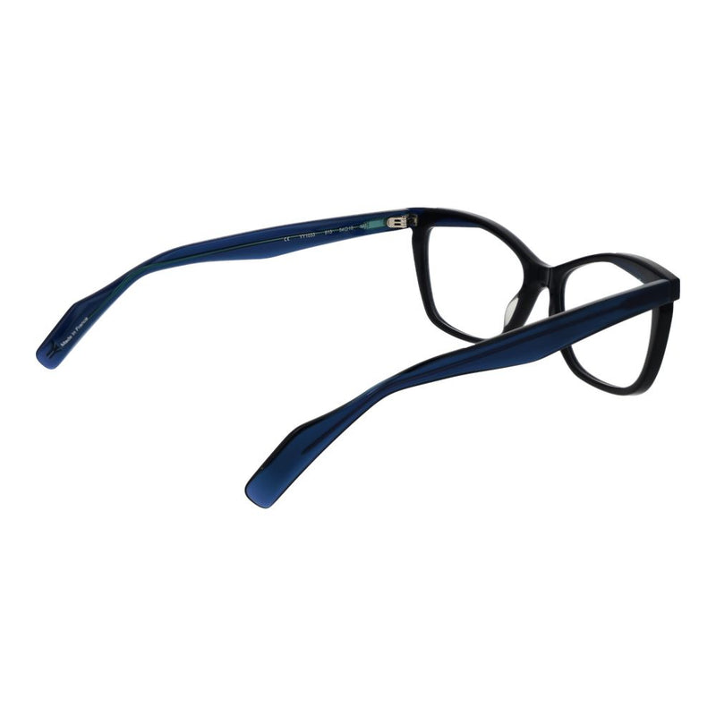 Blue plastic eyeglass frames with thick temples in a modern style