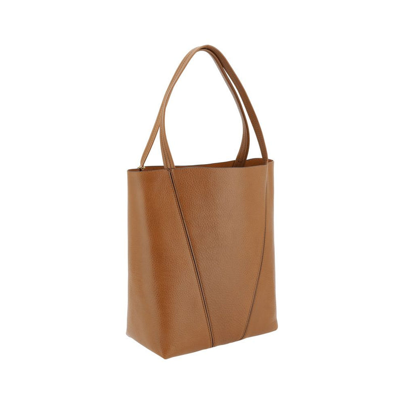 Brown leather shoulder bag with structured paneling and double top handles
