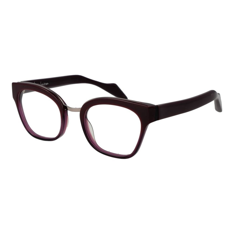 Dark purple acetate eyeglass frames with thick rims and a rounded shape