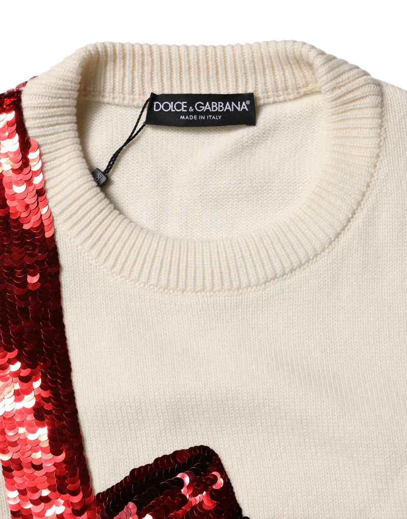 White knitted crew neck sweater with red sequin stripe and Dolce and Gabbana brand label