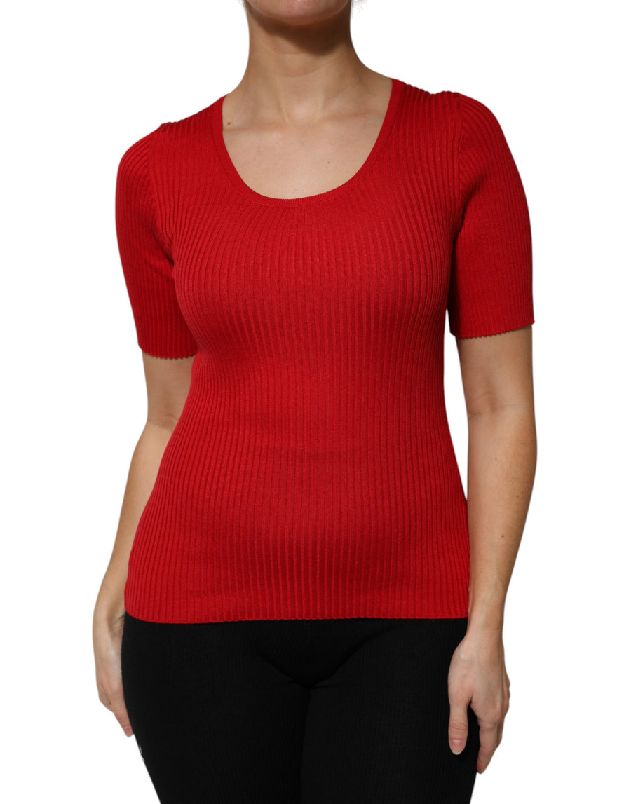 Red ribbed knit short-sleeve pullover top with a scoop neckline worn on a person