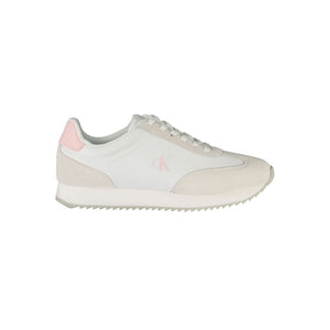 White and beige Calvin Klein leather and suede women's sneaker with a light pink logo and heel tab.