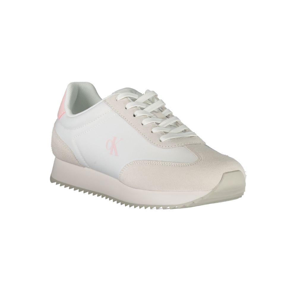 Calvin Klein Bianco women's sneaker in white and beige leather and suede with light pink accents.