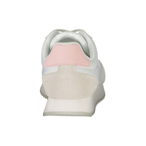 Calvin Klein Bianco women’s sneaker in white leather and suede with a soft pink heel tab and casual runner style.