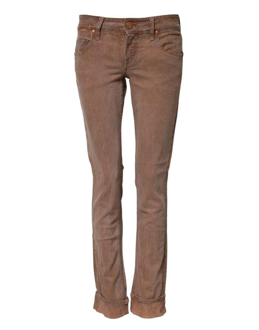 Brown cotton slim fit low waist jeans with cuffed hems