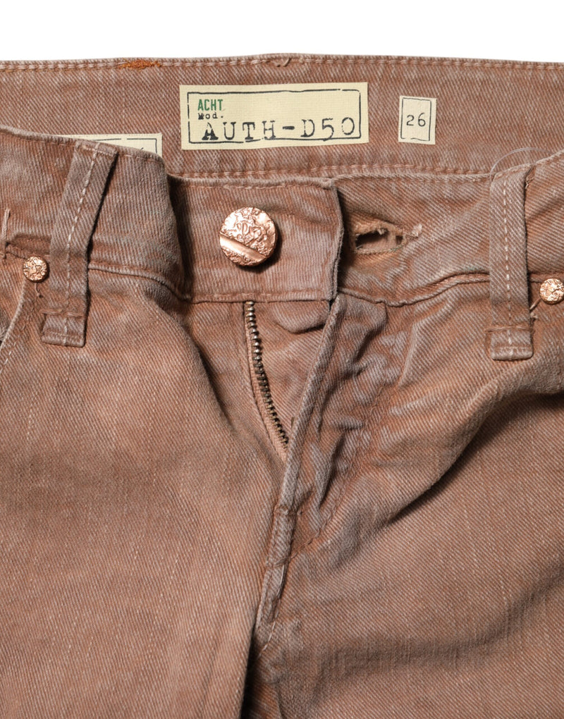 Brown cotton low-waist slim-fit denim jeans with metal button closure and label