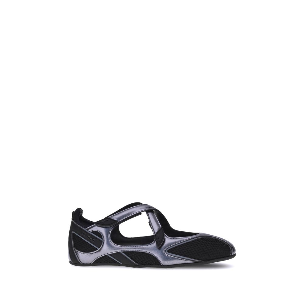 Side view of a metallic silver and black mesh Mary Jane sneaker with crisscross straps.