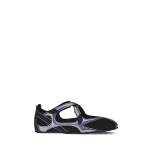 Side view of a metallic silver and black mesh Mary Jane sneaker with crisscross straps.