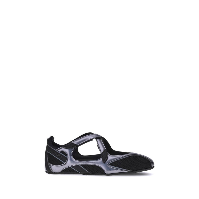 Side view of a metallic silver and black mesh Mary Jane sneaker with crisscross straps.