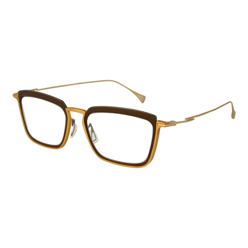 Gold and brown metal square eyeglasses frames with thin temples