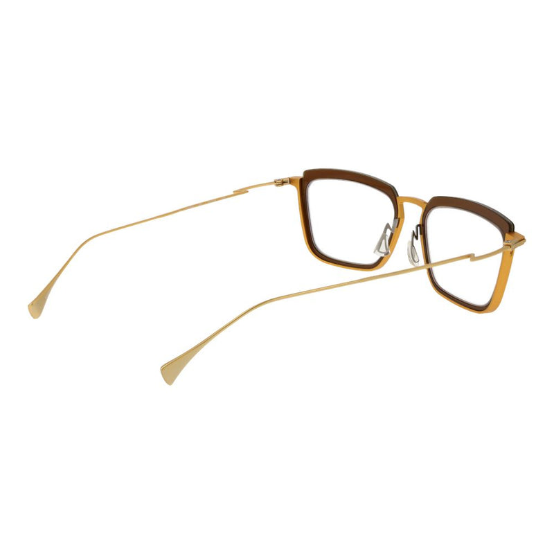 Gold and brown metal eyeglass frames with square lenses