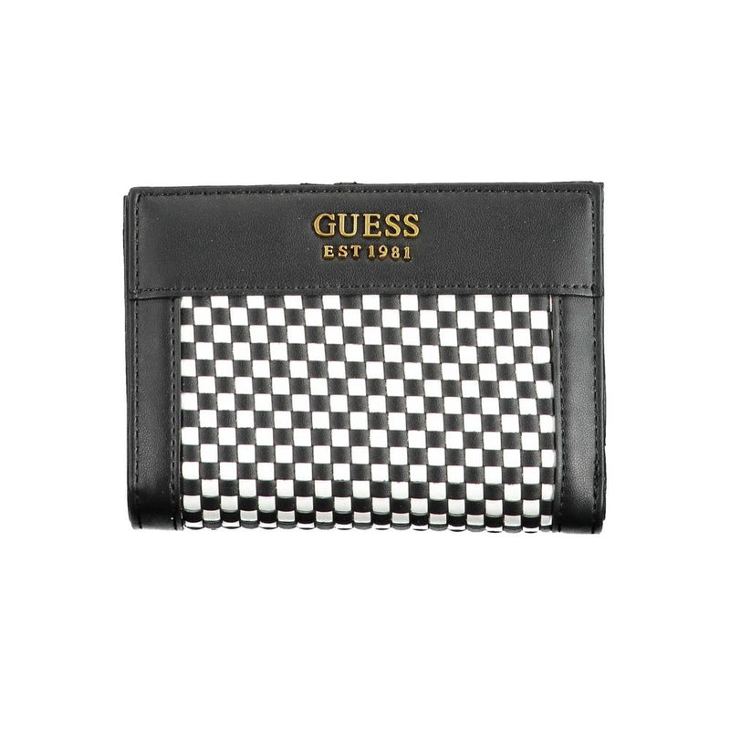 Black and white checkered polyurethane wallet with gold Guess logo