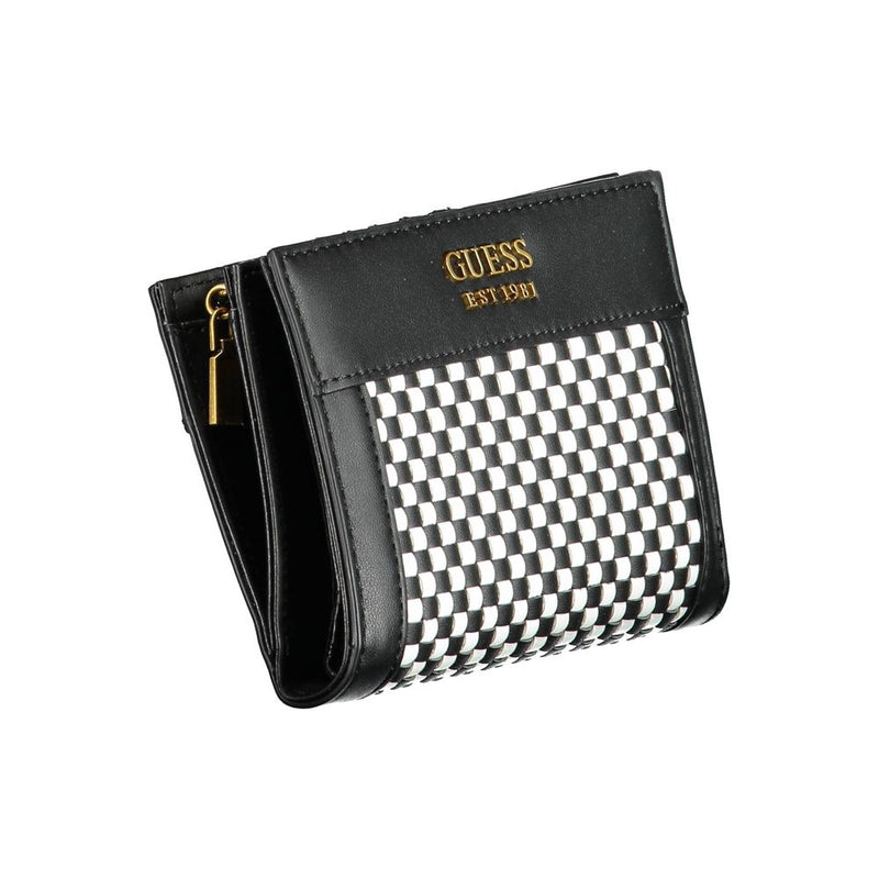 Black polyurethane women wallet with black and white checkered woven pattern and gold logo