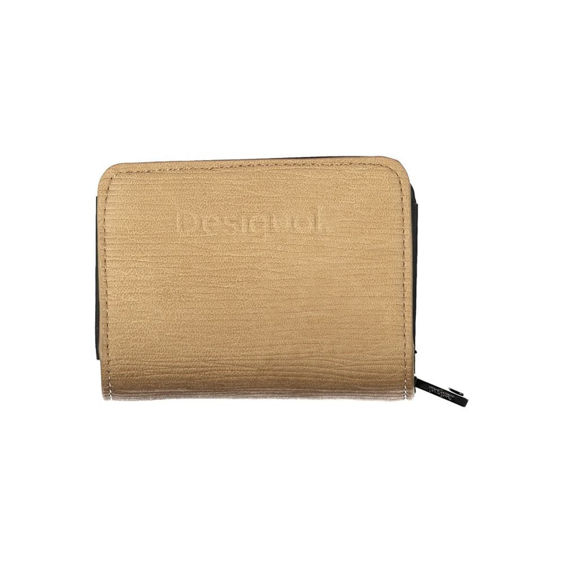 Brown polyurethane women's wallet with textured design and embossed logo