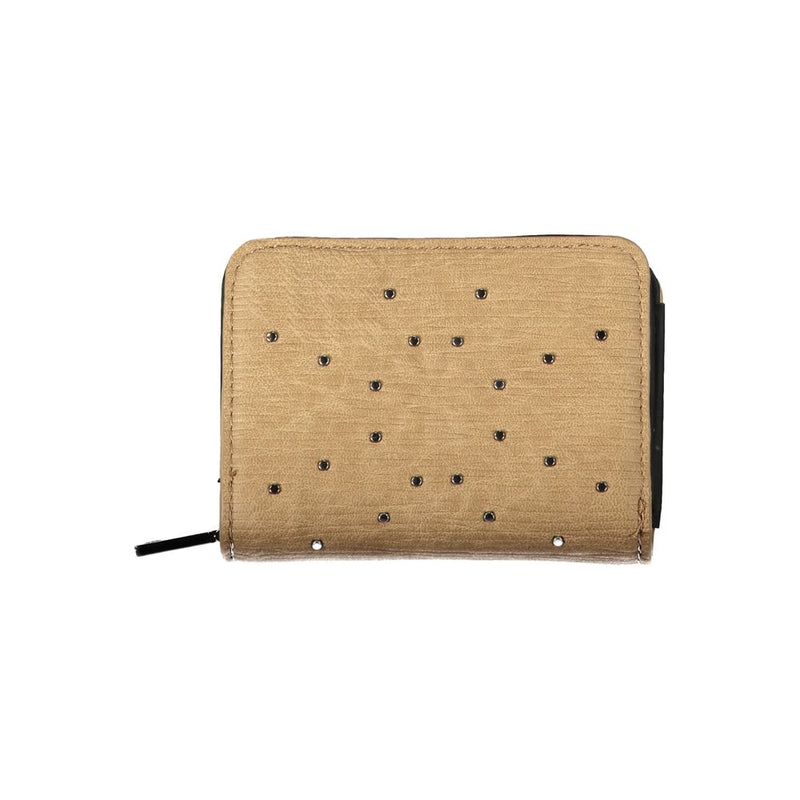 Brown polyurethane zip-around women's wallet with studded details