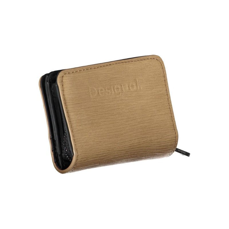 Brown polyurethane women's wallet with embossed logo and zip closure