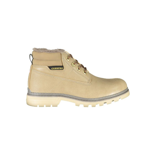 Carrera women’s beige polyester ankle boot with a faux-fur collar, lace-up front, and rugged lug sole.