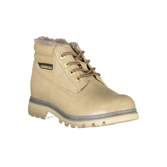 Carrera beige polyester women's ankle boot with faux fur lining, brown laces, gold eyelets, and a thick lug sole.