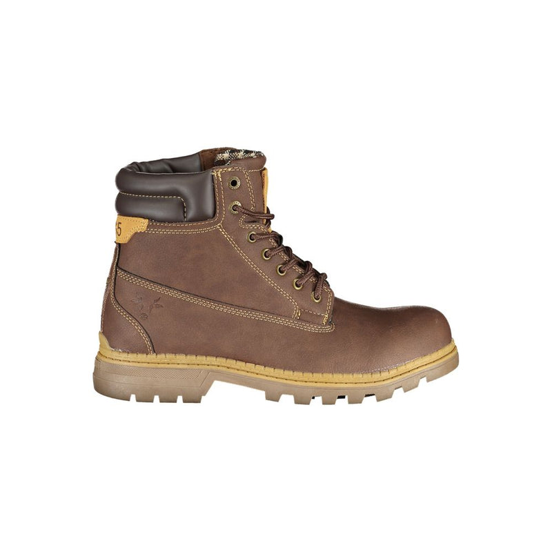 Carrera brown polyester women’s lace-up ankle boot with a padded collar, contrast stitching, and lugged rubber sole.