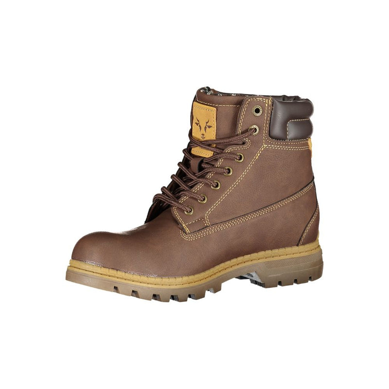 Carrera women's brown polyester lace-up work boot with a padded collar, metal eyelets, and a thick lug sole.