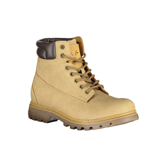 Beige polyurethane lace-up ankle boot with a padded brown collar and rugged brown lug sole.