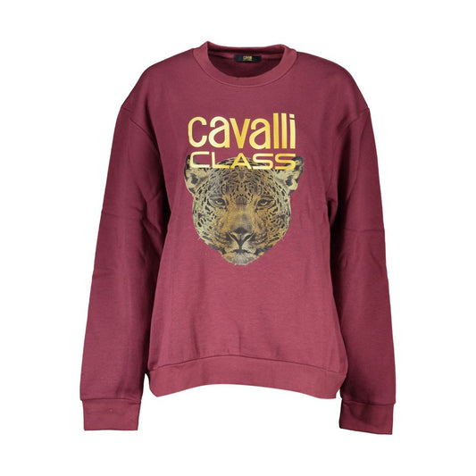 Purple cotton crewneck sweater featuring a gold leopard graphic and Cavalli Class text