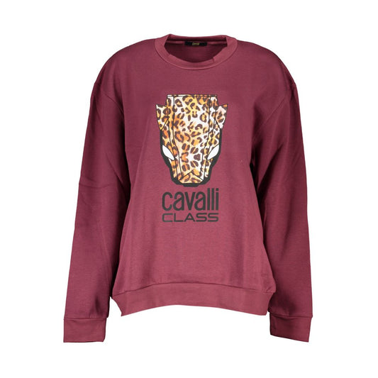 Burgundy polyester crewneck men's sweatshirt with leopard print animal graphic and cavalli class logo