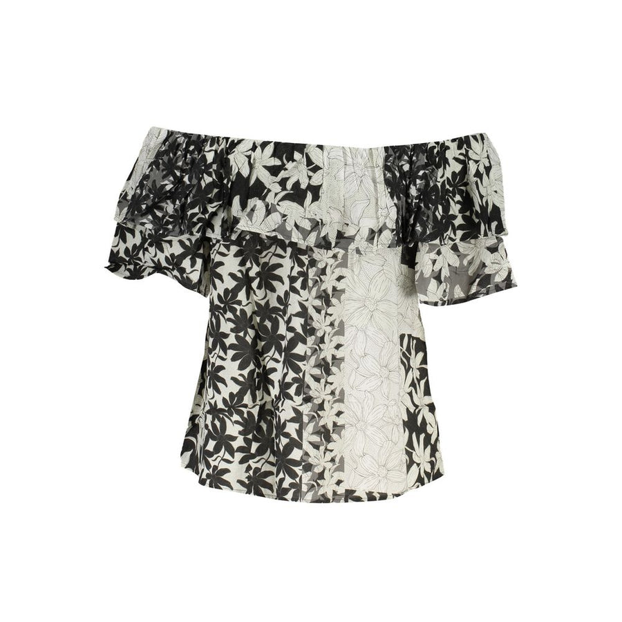 Black and white cotton off-the-shoulder top with floral pattern and ruffled short sleeves