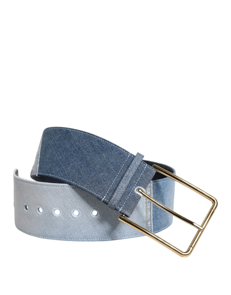 Two-tone blue denim belt featuring a gold metal rectangular buckle and eyelets
