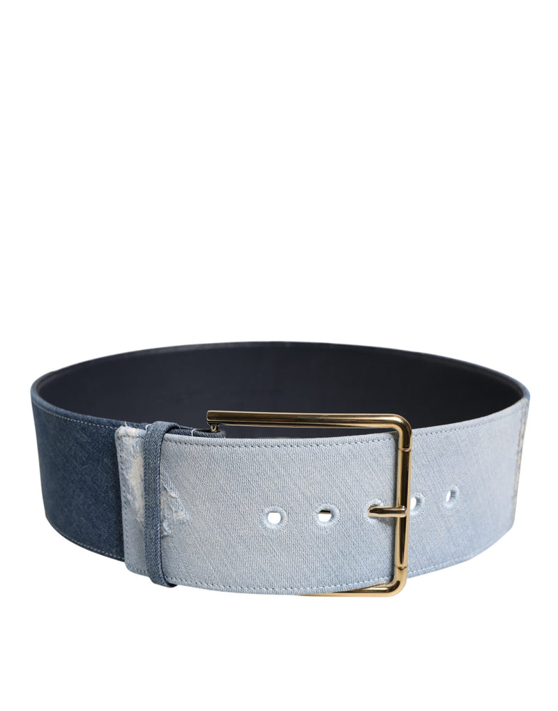 Two-tone light and dark blue denim belt with a large gold metal square buckle