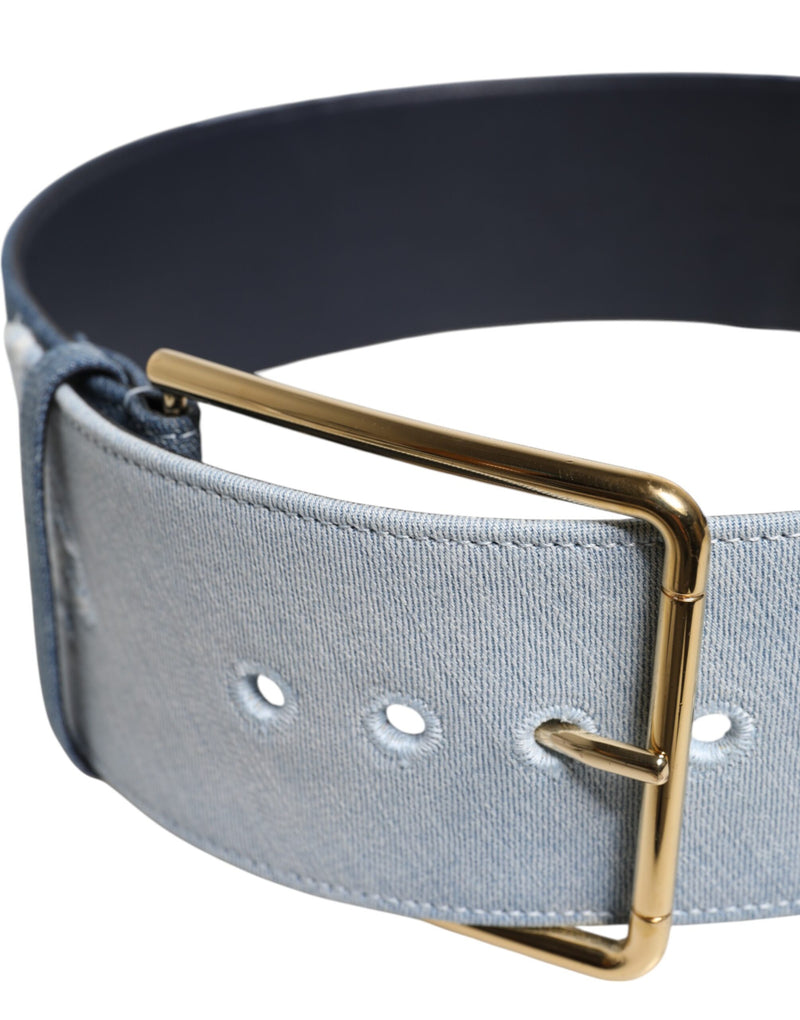 Two-tone blue denim belt featuring a rectangular gold metal buckle and contrast stitching