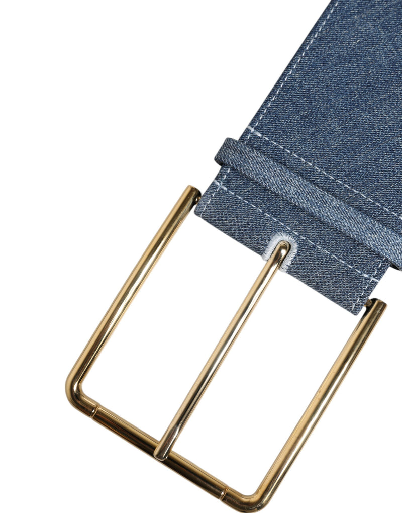 Two-tone blue denim belt with a large rectangular gold metal buckle