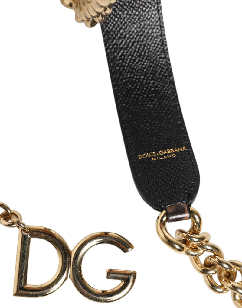 Dolce & Gabbana black leather and gold brass chain shoulder strap with DG logo letters