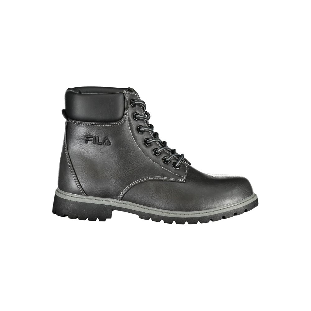 Black Fila polyurethane women's ankle boot with lace-up front, contrast stitching, and a lugged sole.