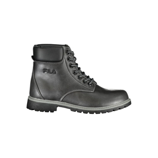 Black Fila polyurethane women's ankle boot with lace-up front, contrast stitching, and a lugged sole.