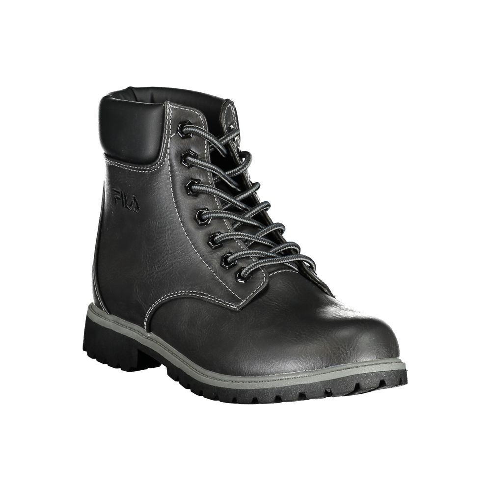Fila black polyurethane women's ankle boot with lace-up front, white contrast stitching, and a lugged sole.