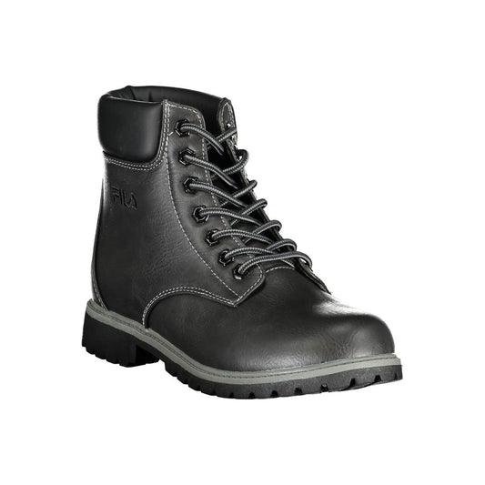 Fila black polyurethane women's ankle boot with lace-up front, white contrast stitching, and a lugged sole.