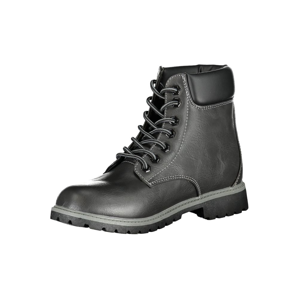 Fila black polyurethane women’s ankle boot with lace-up front, padded collar, and lug sole.