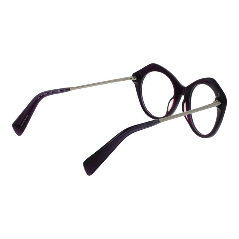 Purple plastic and metal eyeglasses frames featuring geometric hexagonal lenses