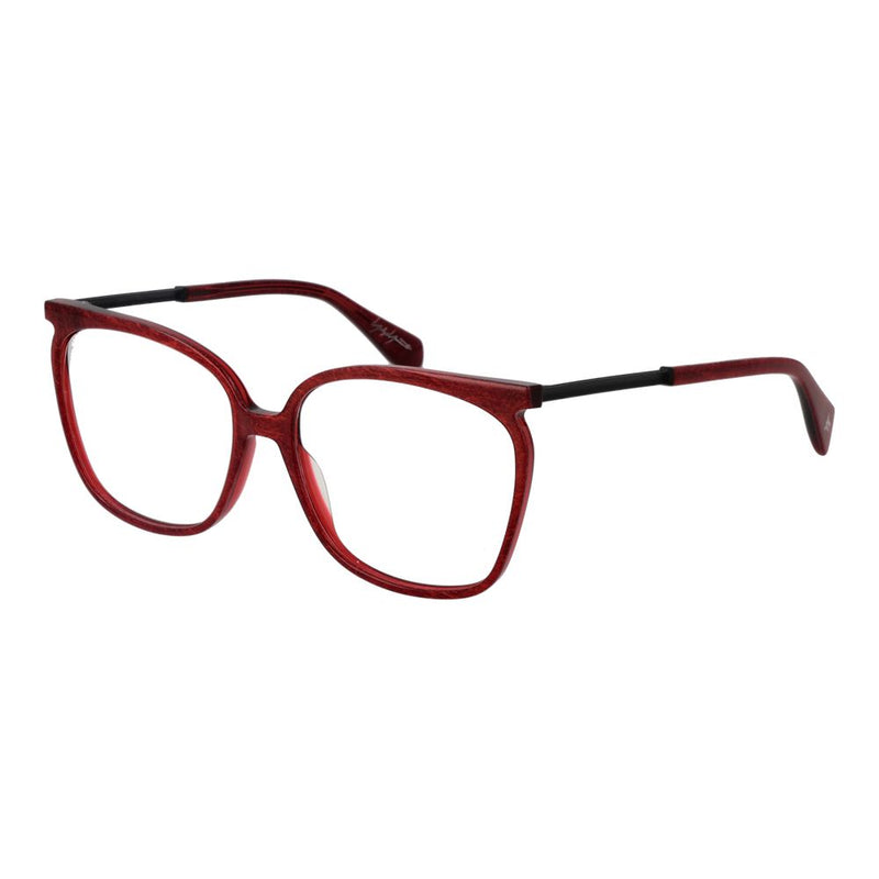 Red plastic and black metal eyeglass frames with large square lenses