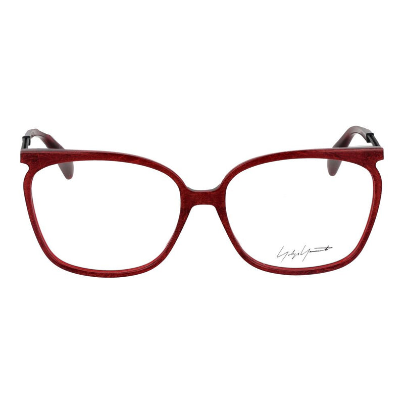 Yohji Yamamoto red distressed metal and plastic eyeglass frames with signature logo on lens