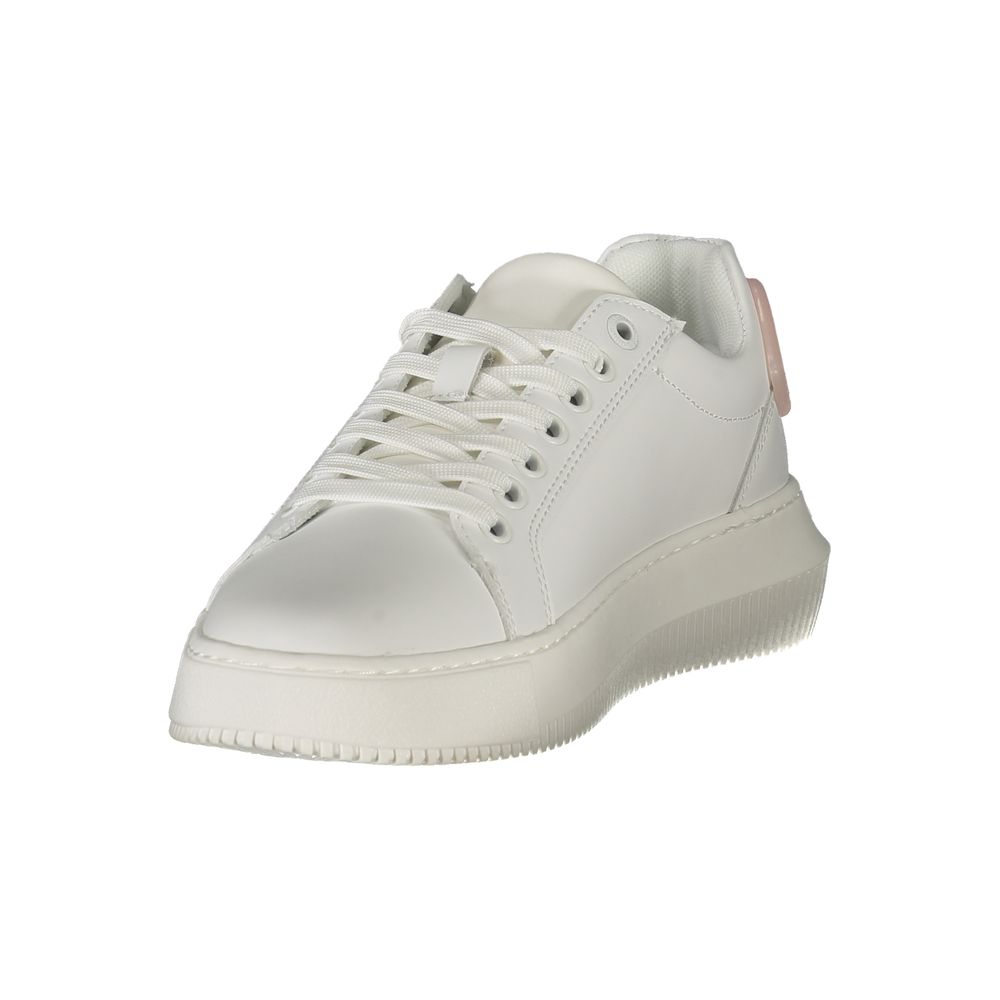Calvin Klein white polyurethane women's lace-up sneaker with thick platform sole and soft pink heel detail.
