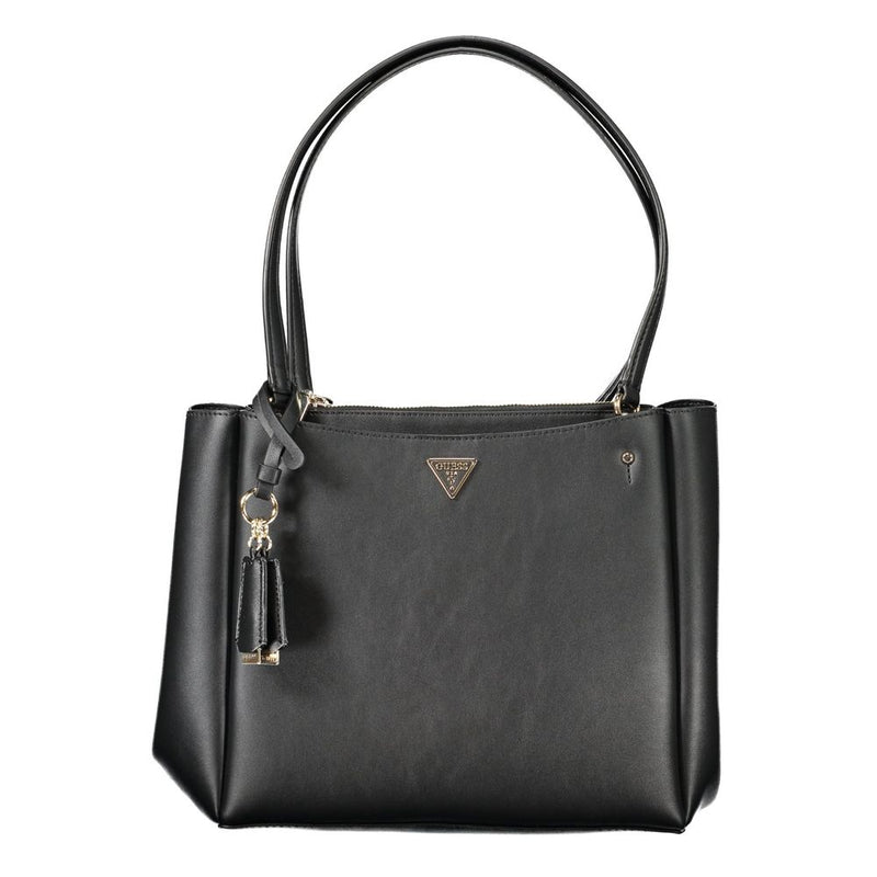Black faux leather structured tote handbag with double shoulder straps and a gold logo plaque