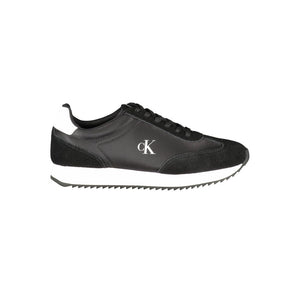 Calvin Klein black leather and suede lace-up sneaker for women with a white sole and logo detail.